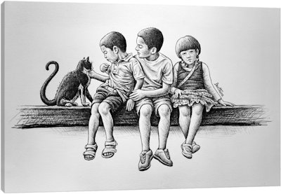 Children With Cat - Canvas Print